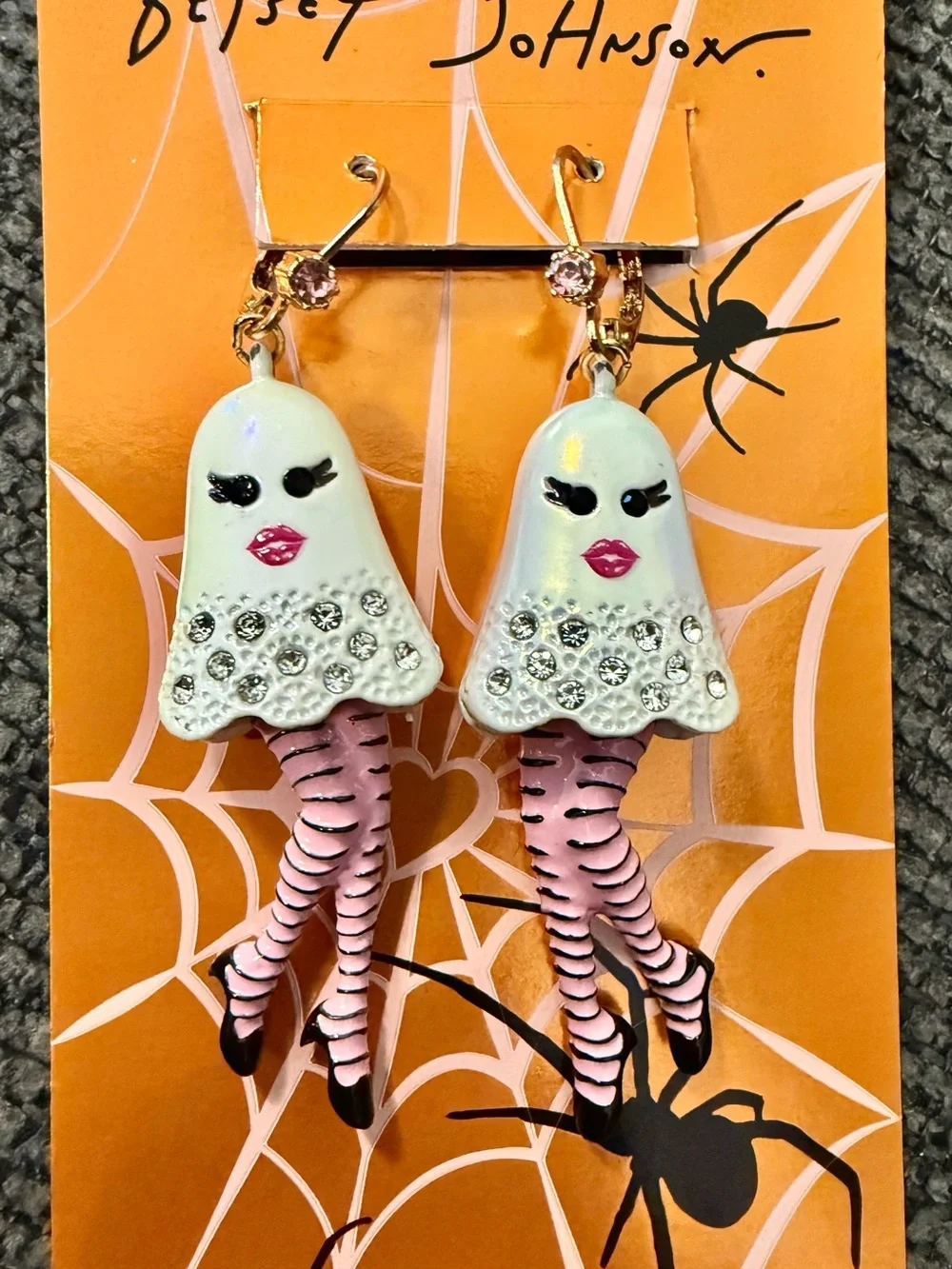 Betsey Johnson Pink & White Ghost Leg Drop Earrings with Crystal Accents
